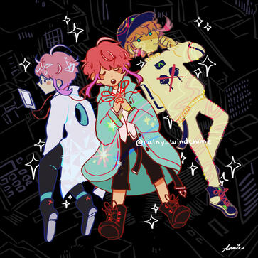 Triple Ramuda - three characters + simple background